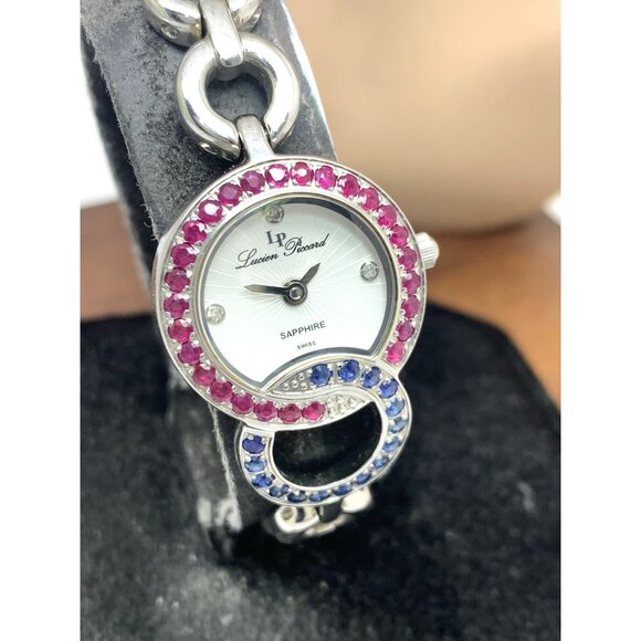 Lucien Piccard Women's Watch Swiss Quartz Blue Red Gemstone Steel 22mm Petite - Picture 12 of 13